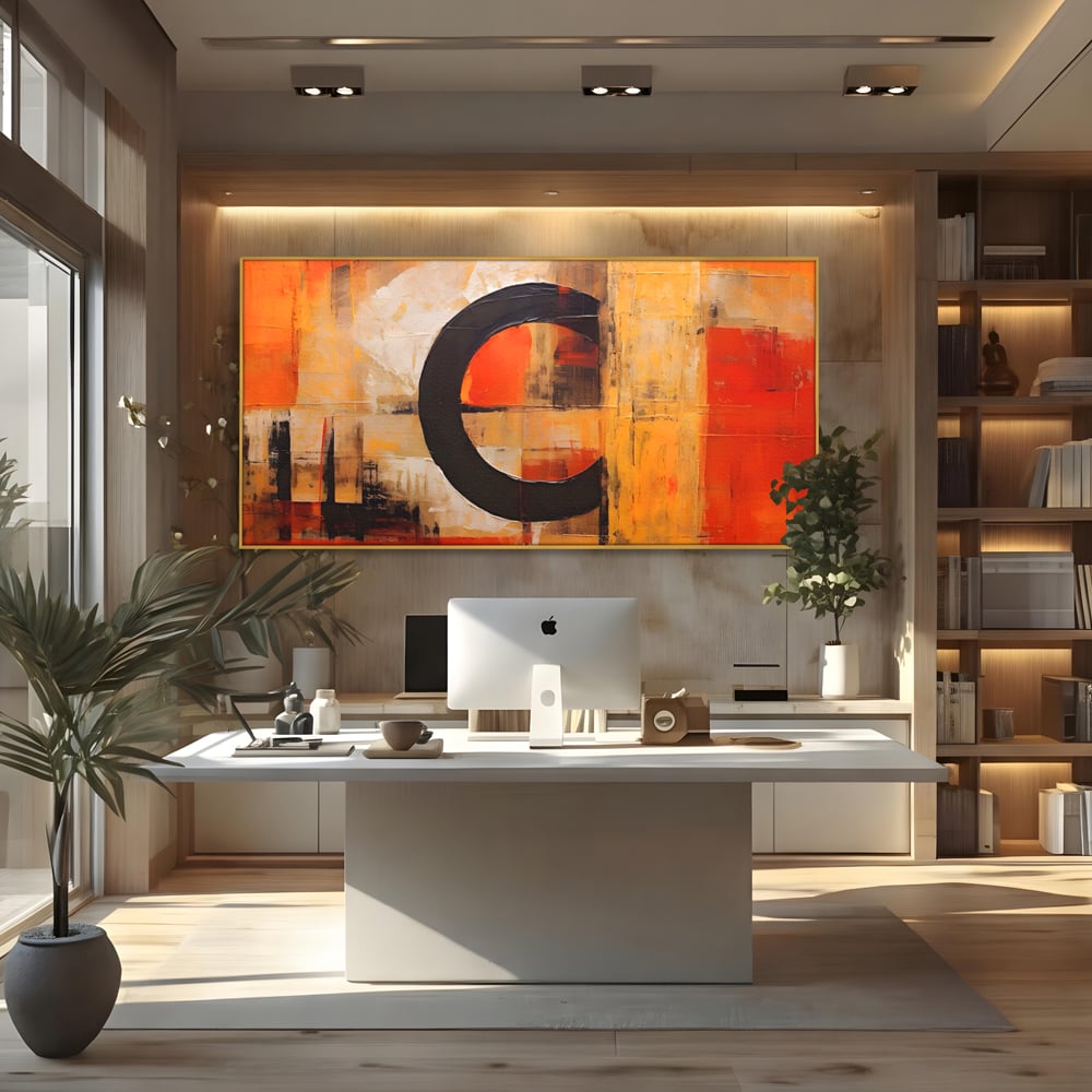 Tablou canvas cu pictura abstracta cu cerc negru, in rama de aluminiu auriu, pe perete intr-un birou